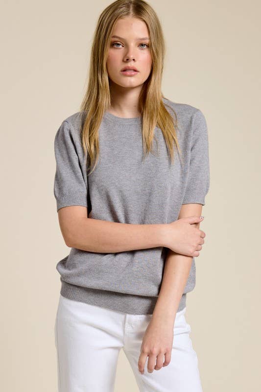 Jenna Short Sleeve Cashmere Blend Sweater - Heather Gray
