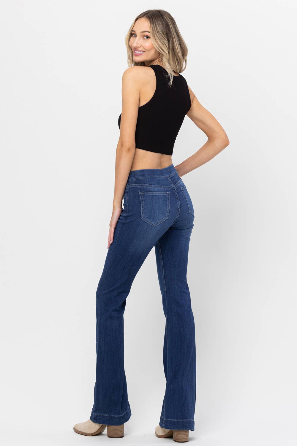 Jelly Brand Mid Rise Dark Denim Pull On Flare