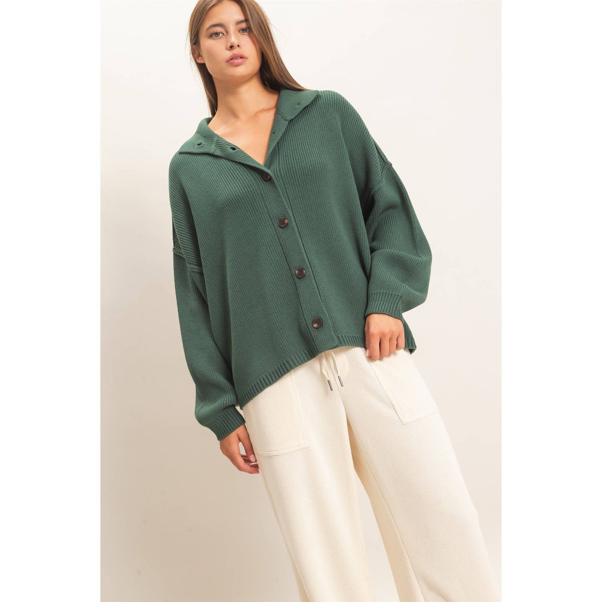 Hallie High Neck Oversized Cardigan - Dark Green