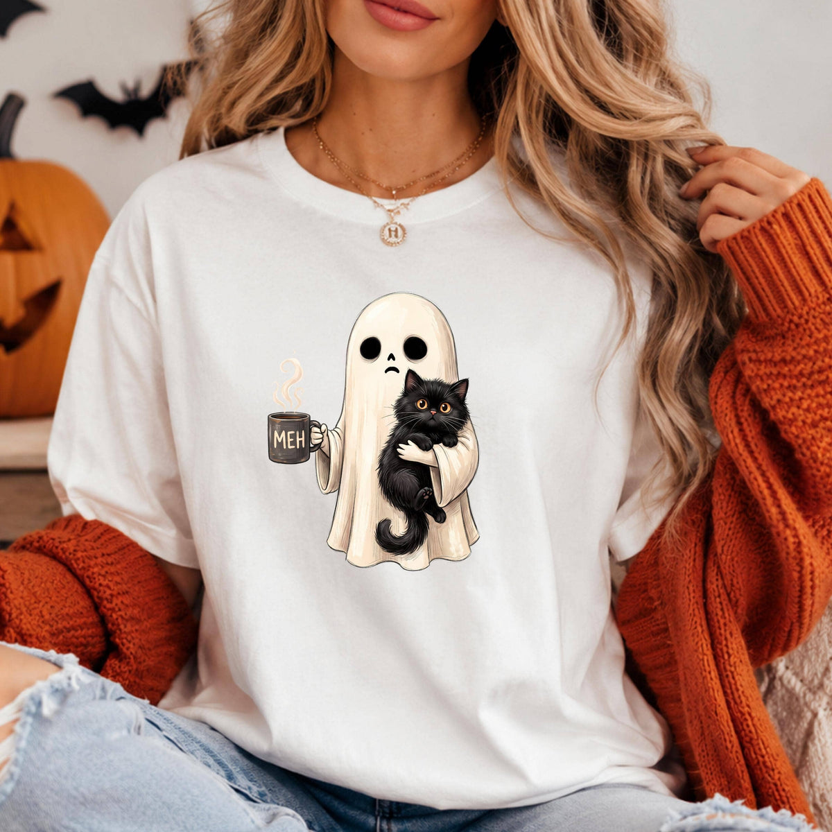 Comfort Colors Meh Ghost Black Cat T-Shirt, Ghost Coffee Meh: Pepper / S