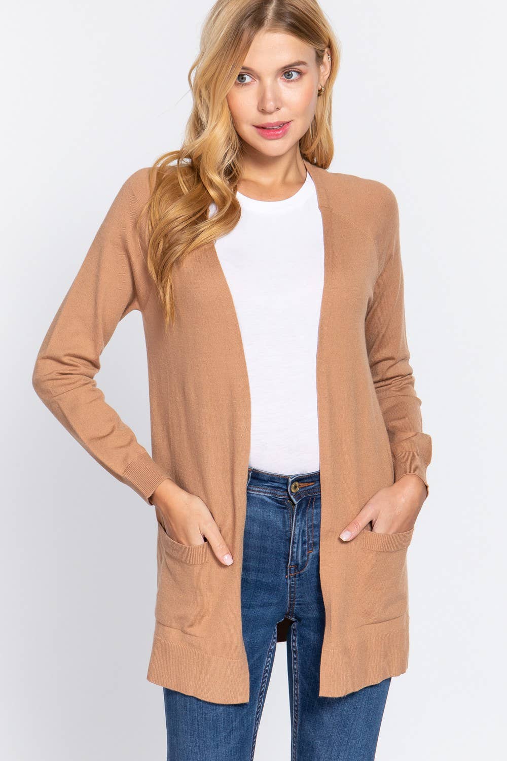 Long Raglan Sleeve with Pocket Open Sweater Cardigan: Brn-Cocoa Brown / L
