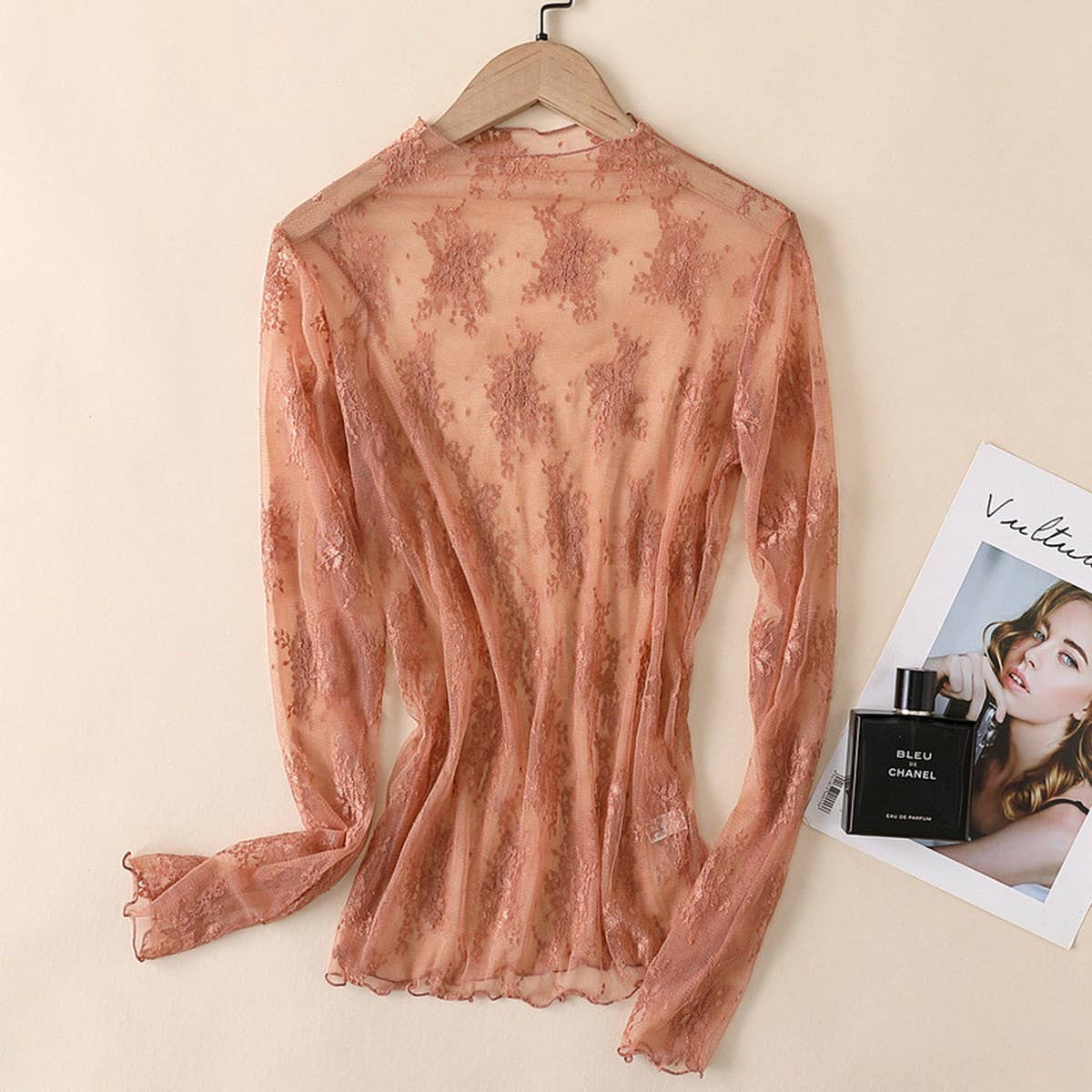 Sexy Mesh Blouse - Long Sleeve Lace Top for Women_CWTBLL3619: APRICOT / (M) 1
