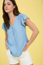Load image into Gallery viewer, Gemma Ruffle Sleeve Chambray Top
