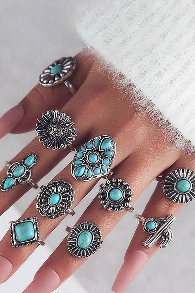 Turquoise Alloy Rings Set ZK236: 01 / One Size