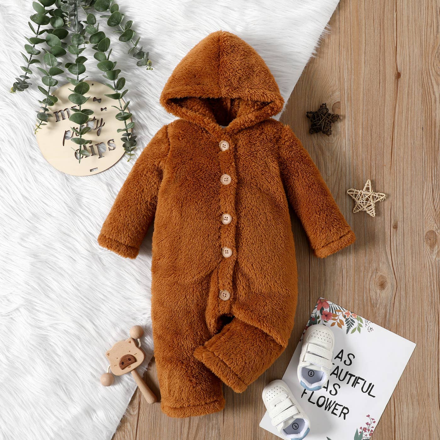 Baby Girl Solid Thickened Fuzzy Long-sleeve Hooded Jumpsuit: Apricot / 3-6 Months