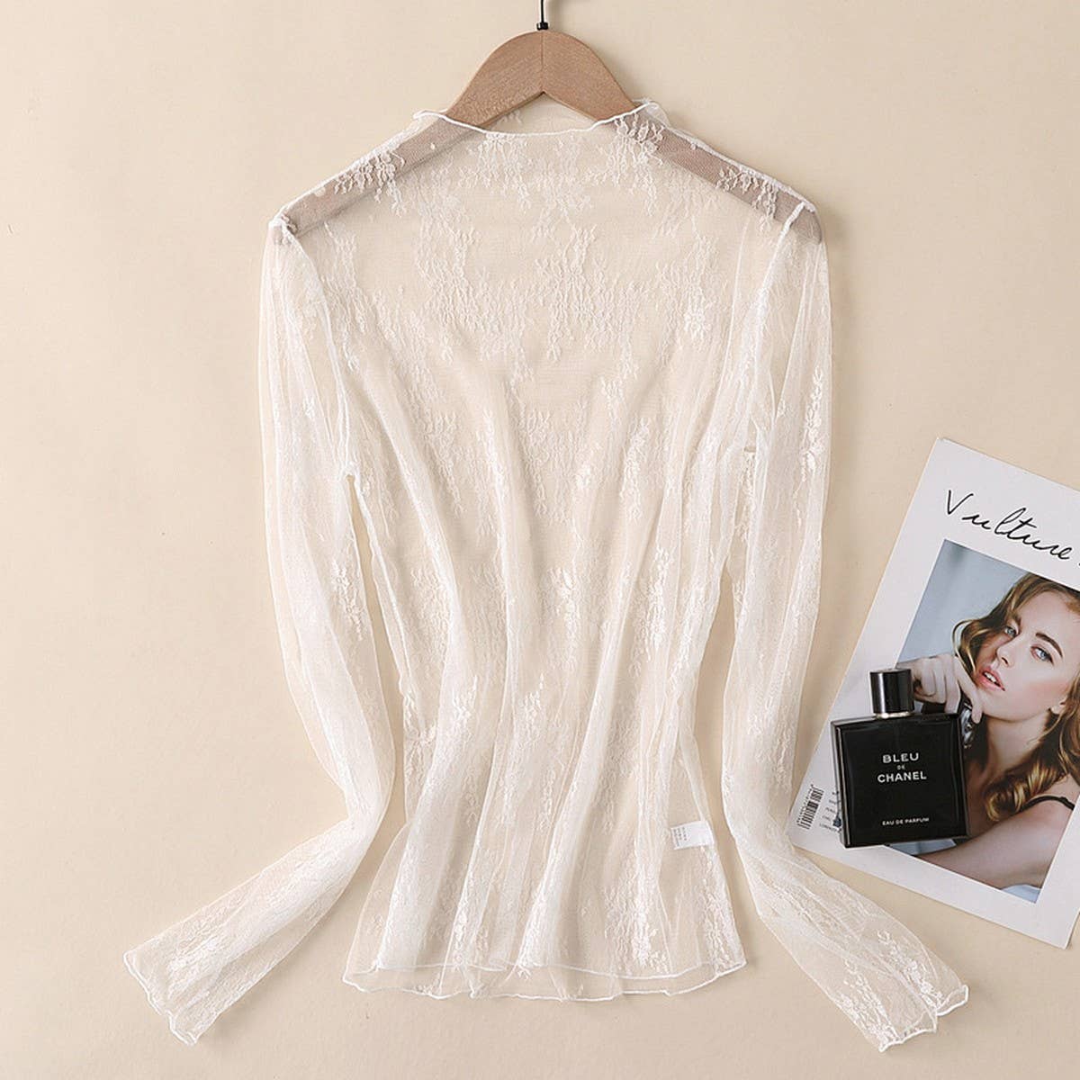 Sexy Mesh Blouse - Long Sleeve Lace Top for Women_CWTBLL3619: APRICOT / (M) 1