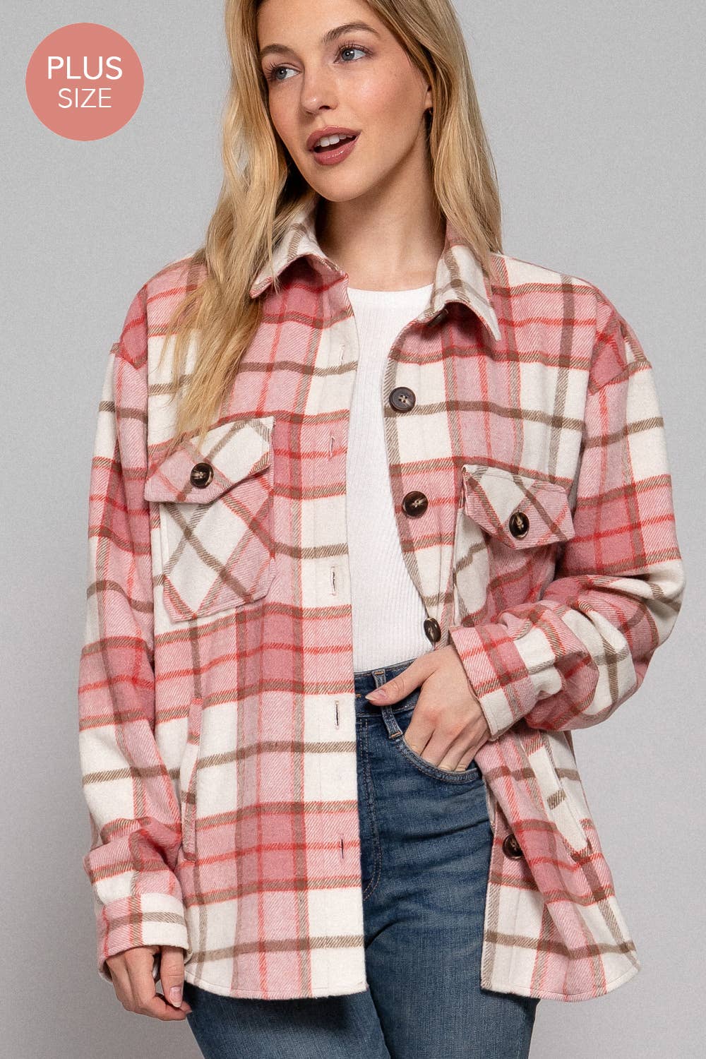 PLUS Wool Blend Plaid Button Down Jacket: Pink/Khaki