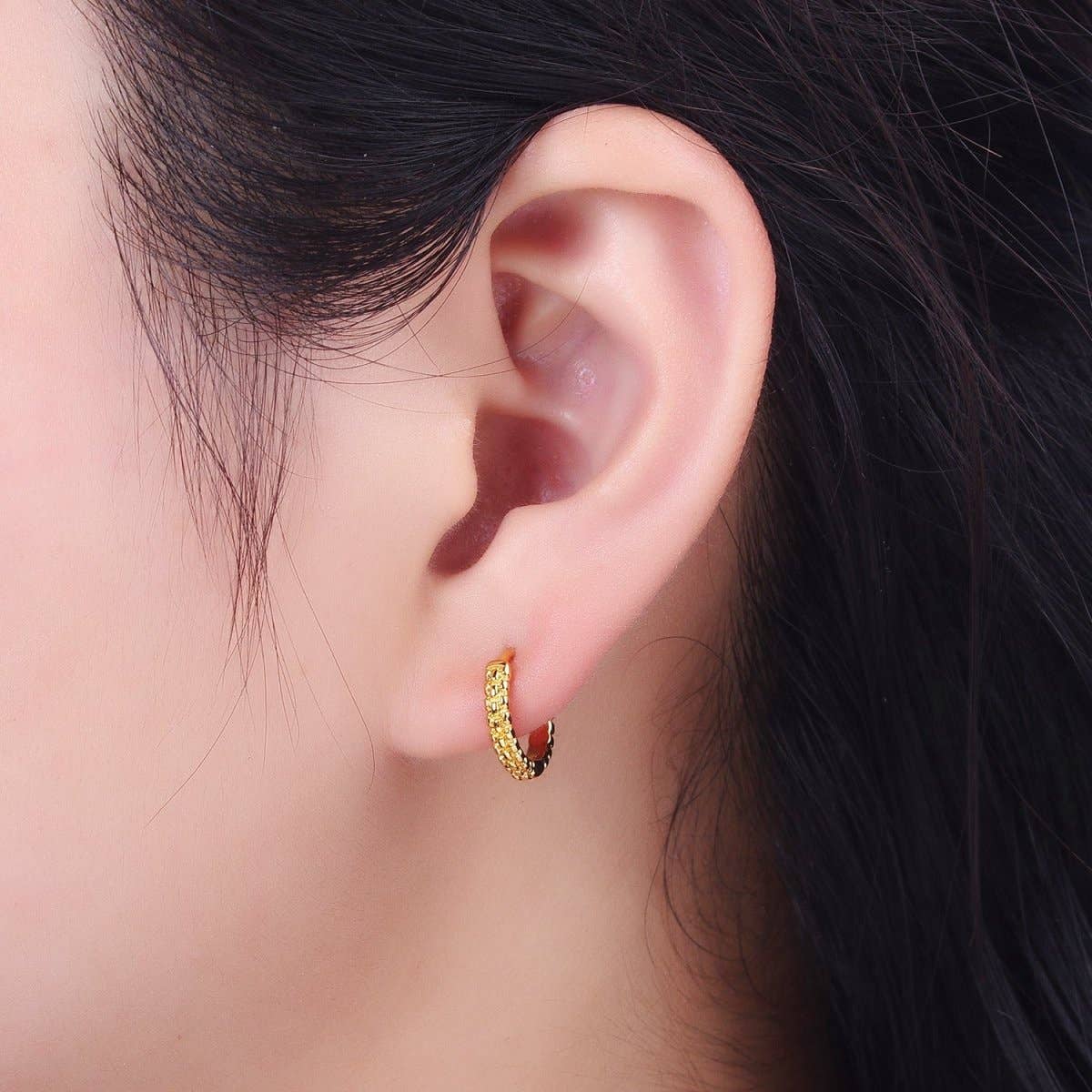 13mm Gold Textured Dotted Dainty Huggie Earrings