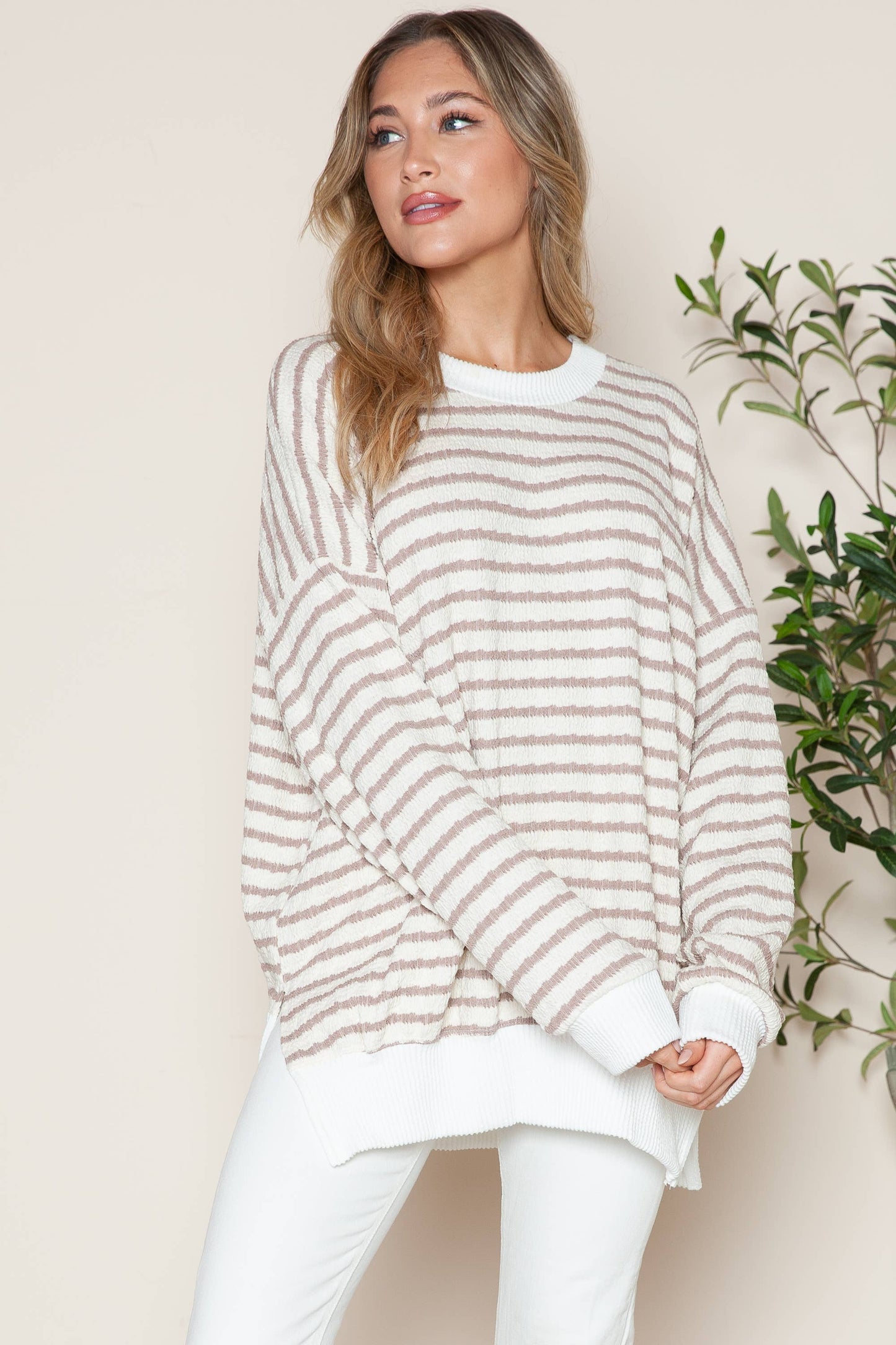 Avery Cotton Stripe Tunic With Side Slits - Taupe
