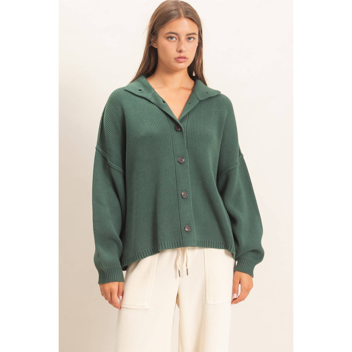 Hallie High Neck Oversized Cardigan - Dark Green