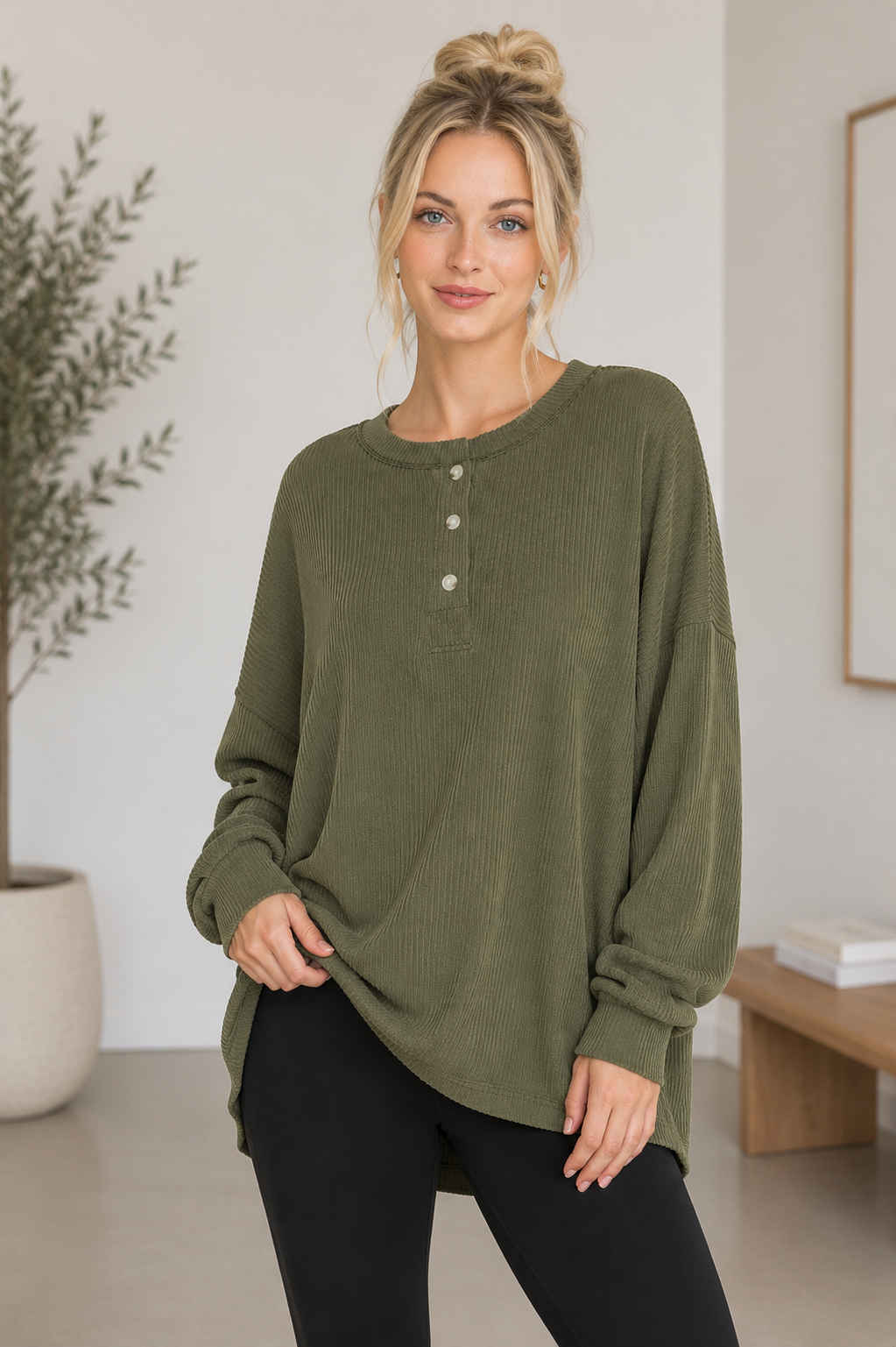 Teagan Ribbed Henley Tunic - Olive