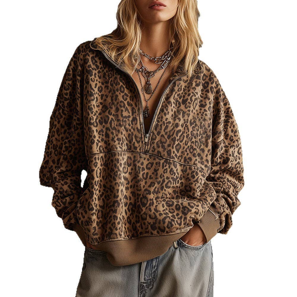 Leopard Print Half Zip Oversized Pullover Sweatshirt: Coffee / 95%Polyester 5%Elastane / L