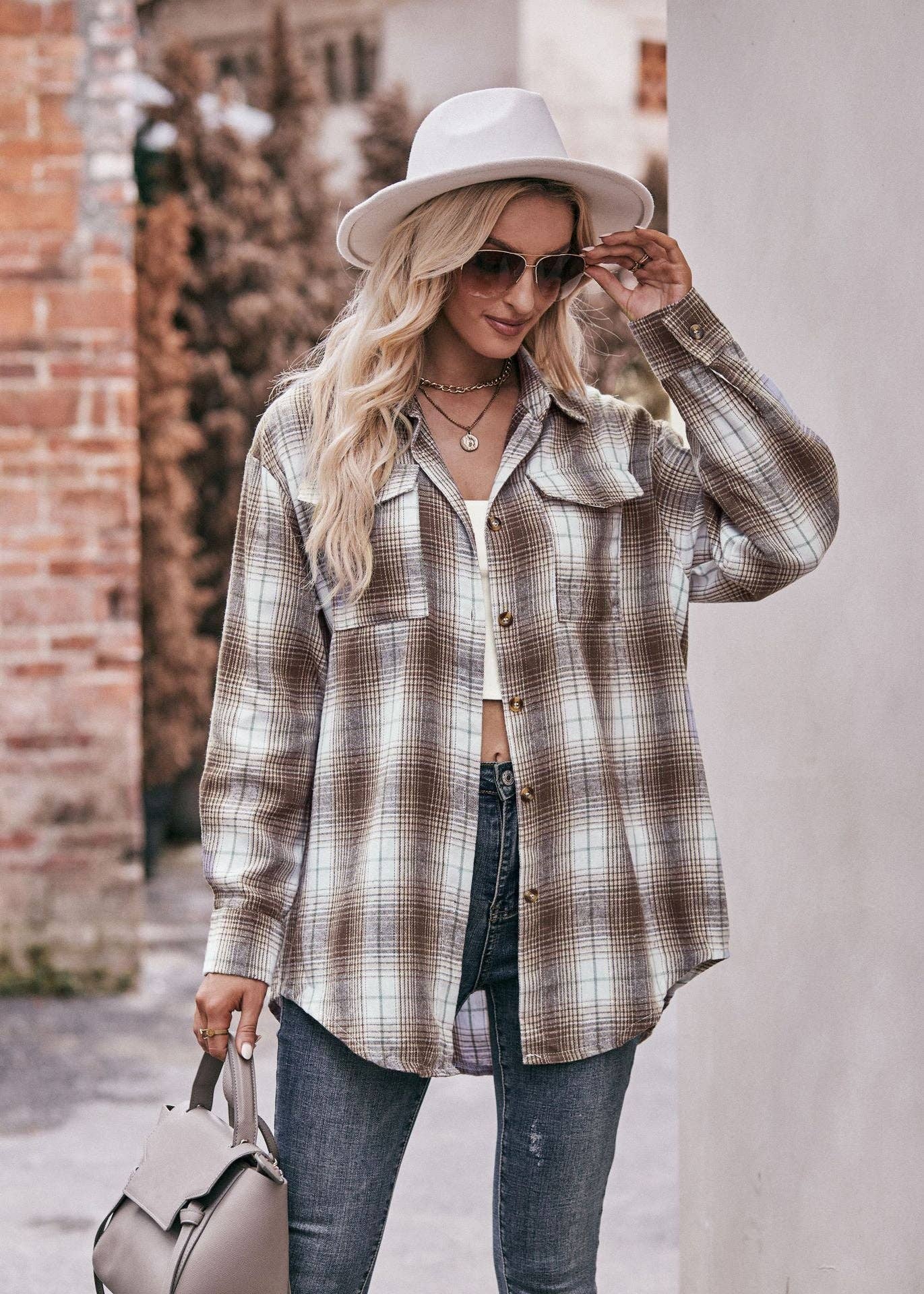 Women's Casual Fashion Oversized Loose Plaid Shirt: Caramel / 100%Polyester / XL