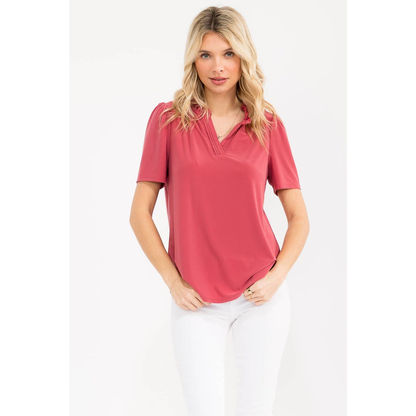 Hannah Pin Tuck Split Neck Top - Holly Berry