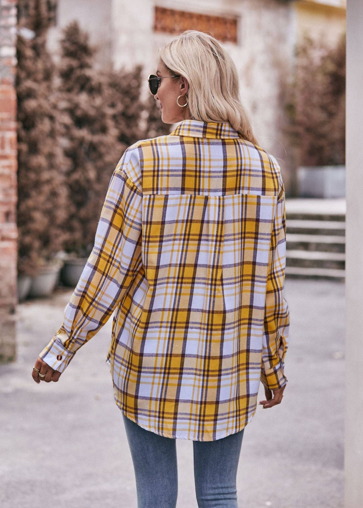 Women's Casual Fashion Oversized Loose Plaid Shirt: Caramel / 100%Polyester / XL