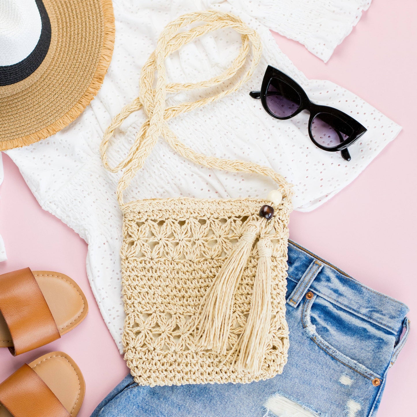 Woven Straw Tassel Accent Crossbody Bag: Straw