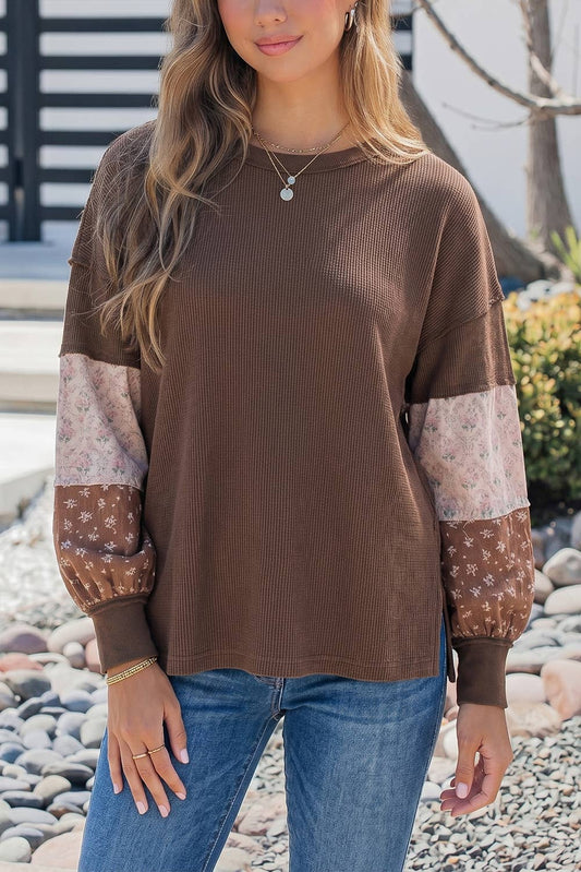 Carly Colorblock Textured Pullover Tunic Top: Coffee