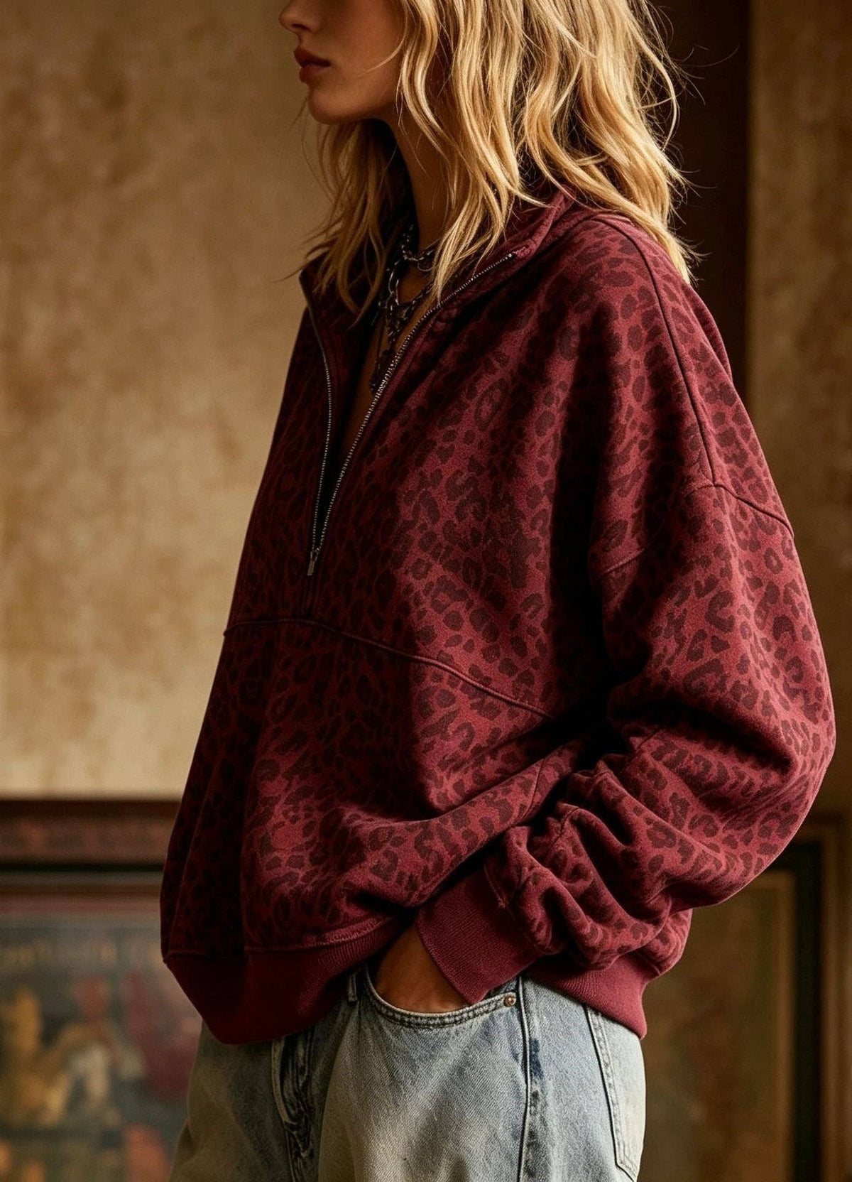 Leopard Print Half Zip Oversized Pullover Sweatshirt: Coffee / 95%Polyester 5%Elastane / L