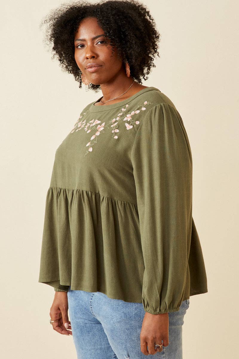 Plus Angela Embroidered Peplum Top - Olive