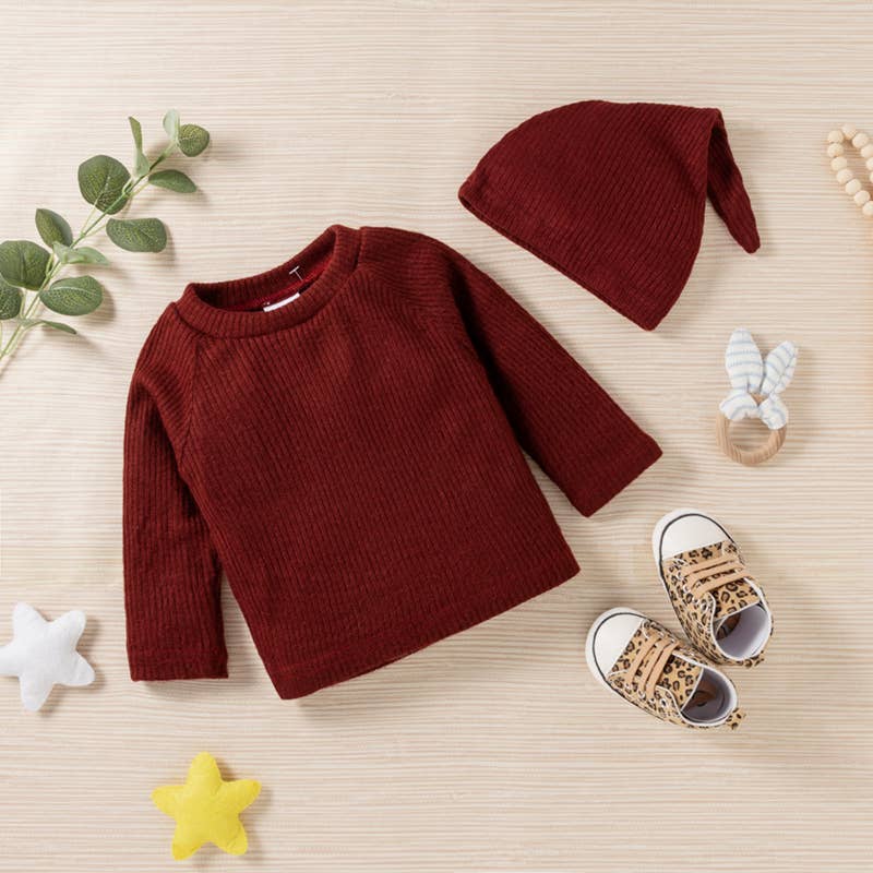 Baby BoyGirl 3pcs Solid Ribbed Long-sleeve and Trouser Set: Burgundy / 9-12 Months