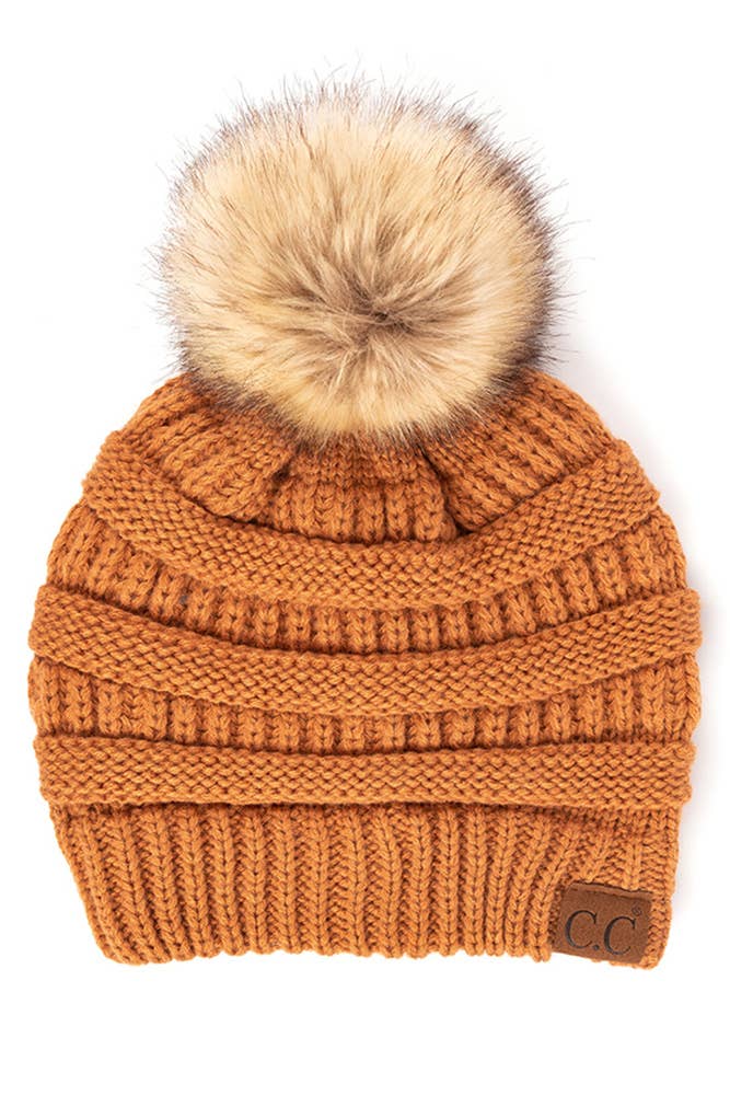 C.C Solid Ribbed Knit Beanie With Pom: Toast Almond