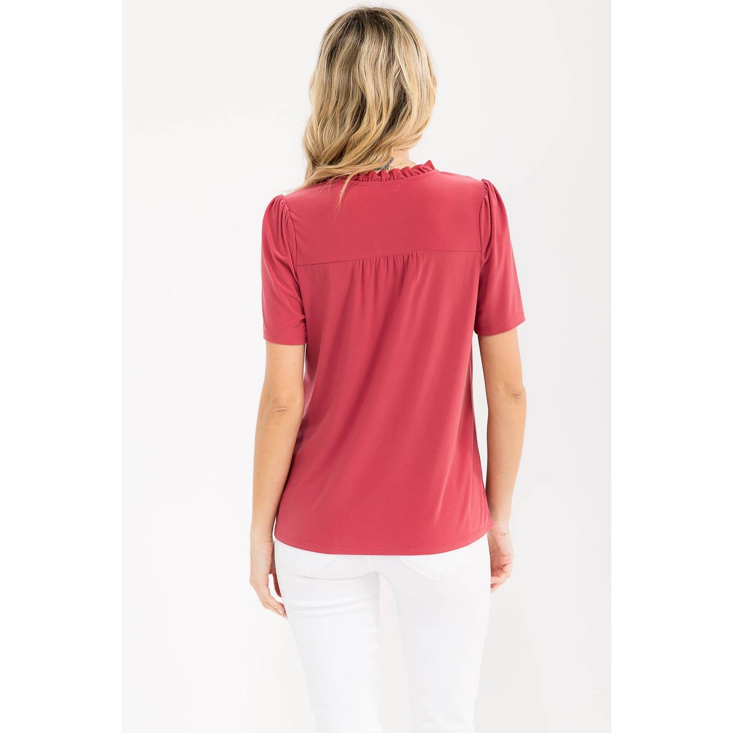 Hannah Pin Tuck Split Neck Top - Holly Berry