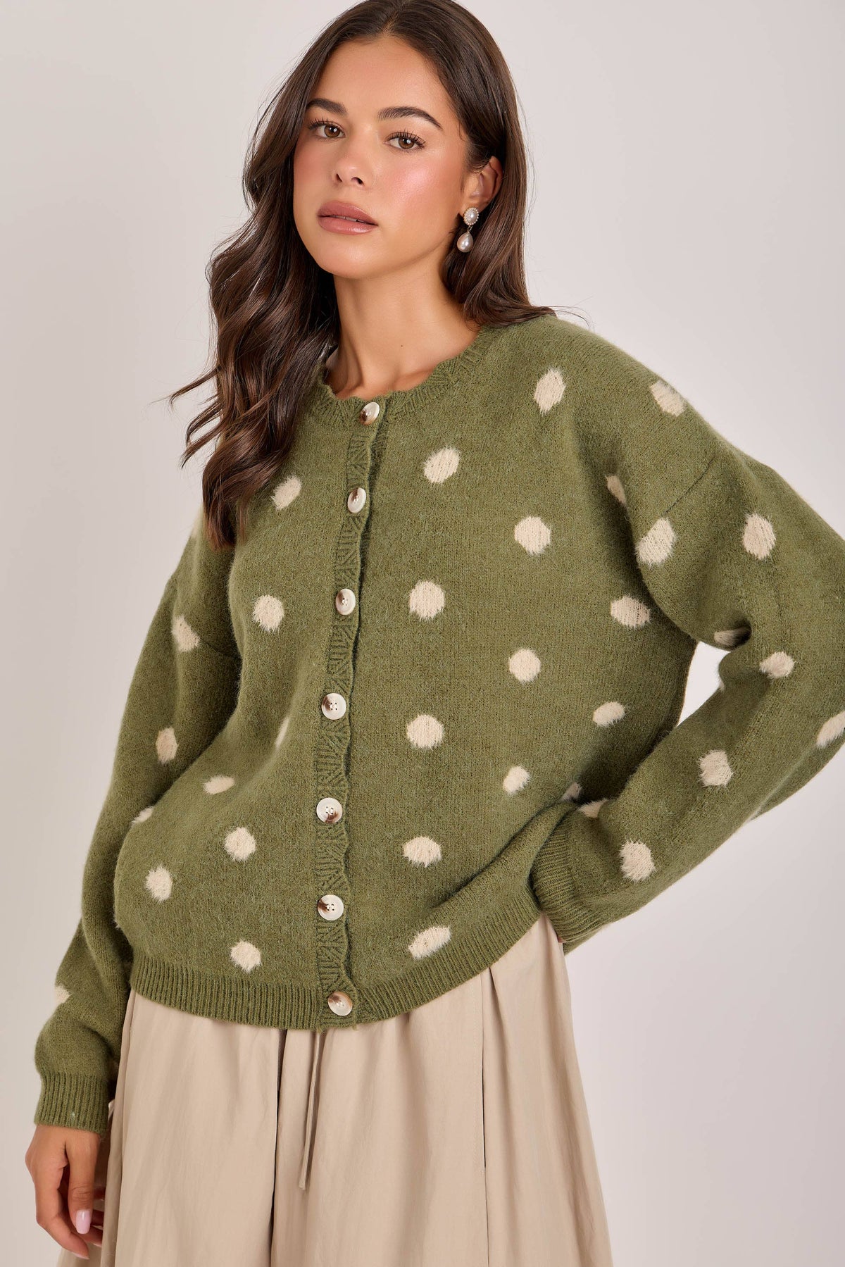 Chelsea Soft Polka Dot Sweater Cardigan: Olive/Oatmeal