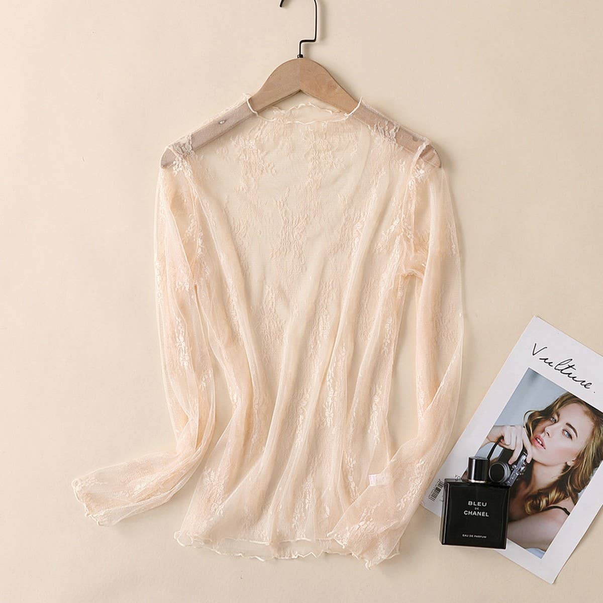 Sexy Mesh Blouse - Long Sleeve Lace Top for Women_CWTBLL3619: APRICOT / (M) 1