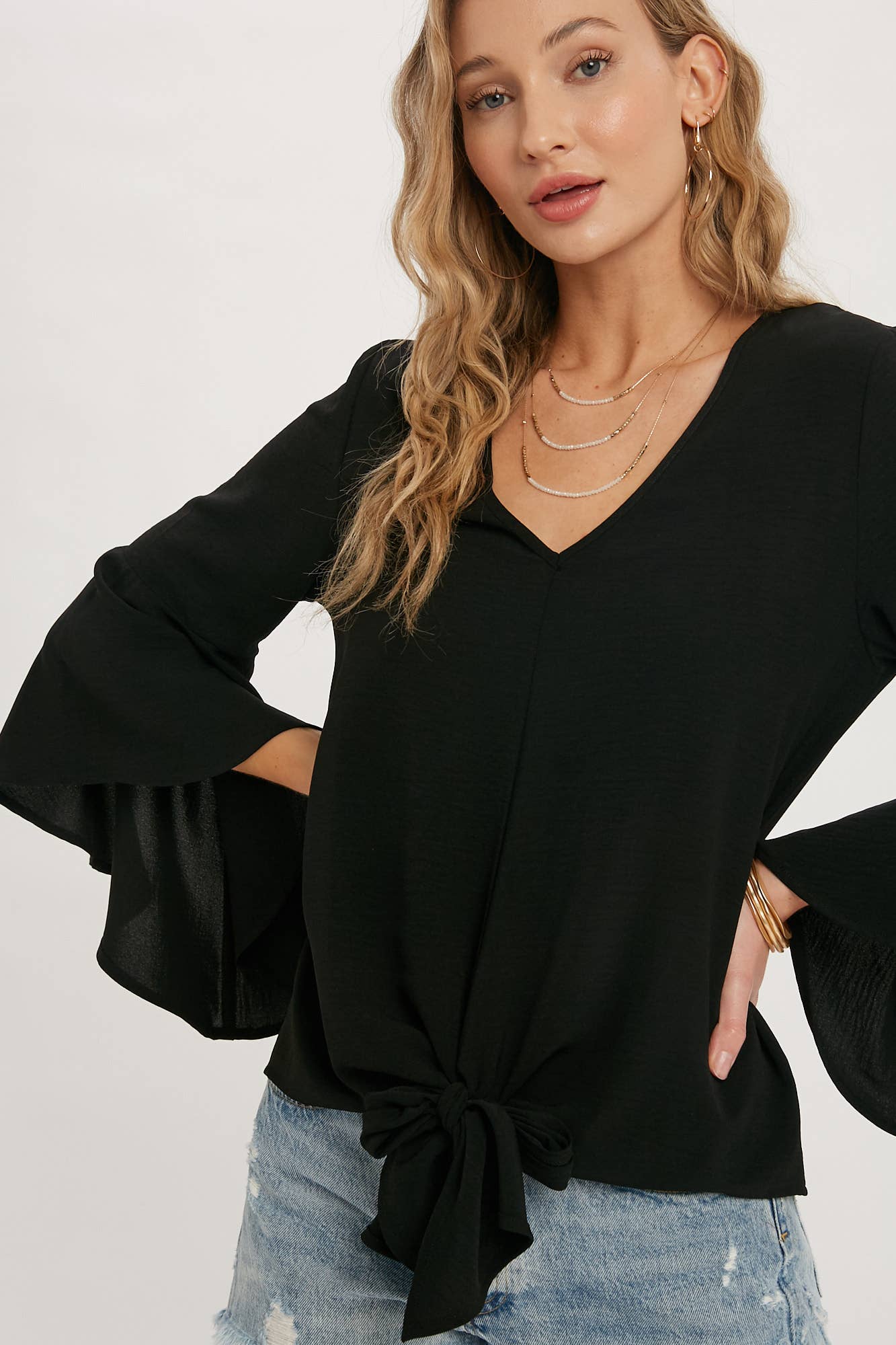 Alaina Front Tie Bell Sleeve Blouse - Black