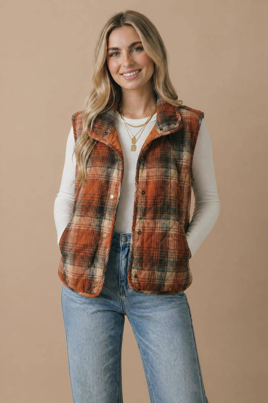 Cheyenne Plaid Quilted Snap Button Puffer Vest