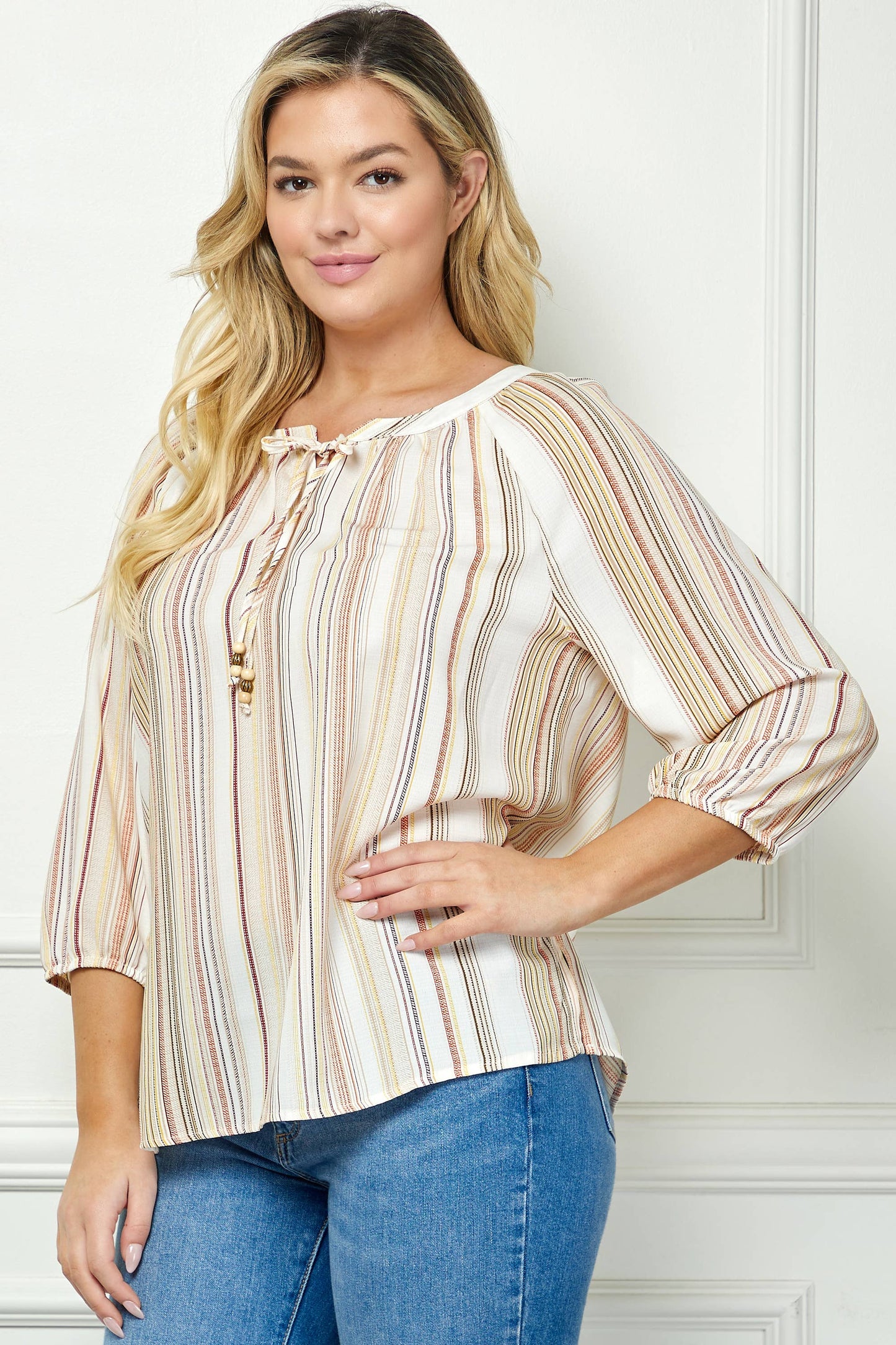Plus Selena 3/4 Sleeve Split Neck Top (1X/2X/3X)