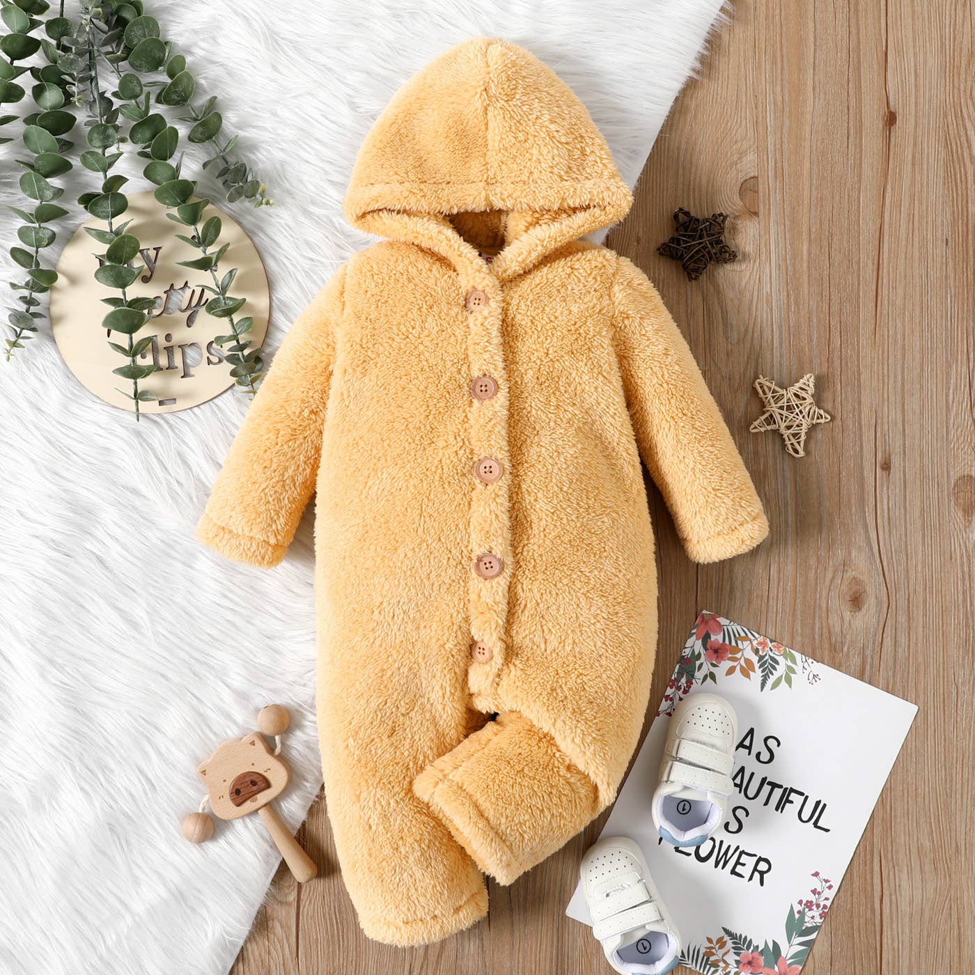 Baby Girl Solid Thickened Fuzzy Long-sleeve Hooded Jumpsuit: Brown / 6-9 Months