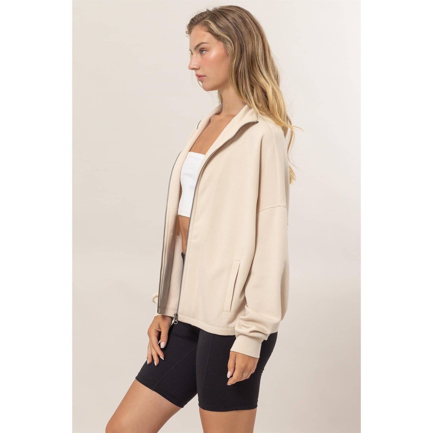 Lydia Lightweight High Neck Zip-Up Jacket: Alpaca