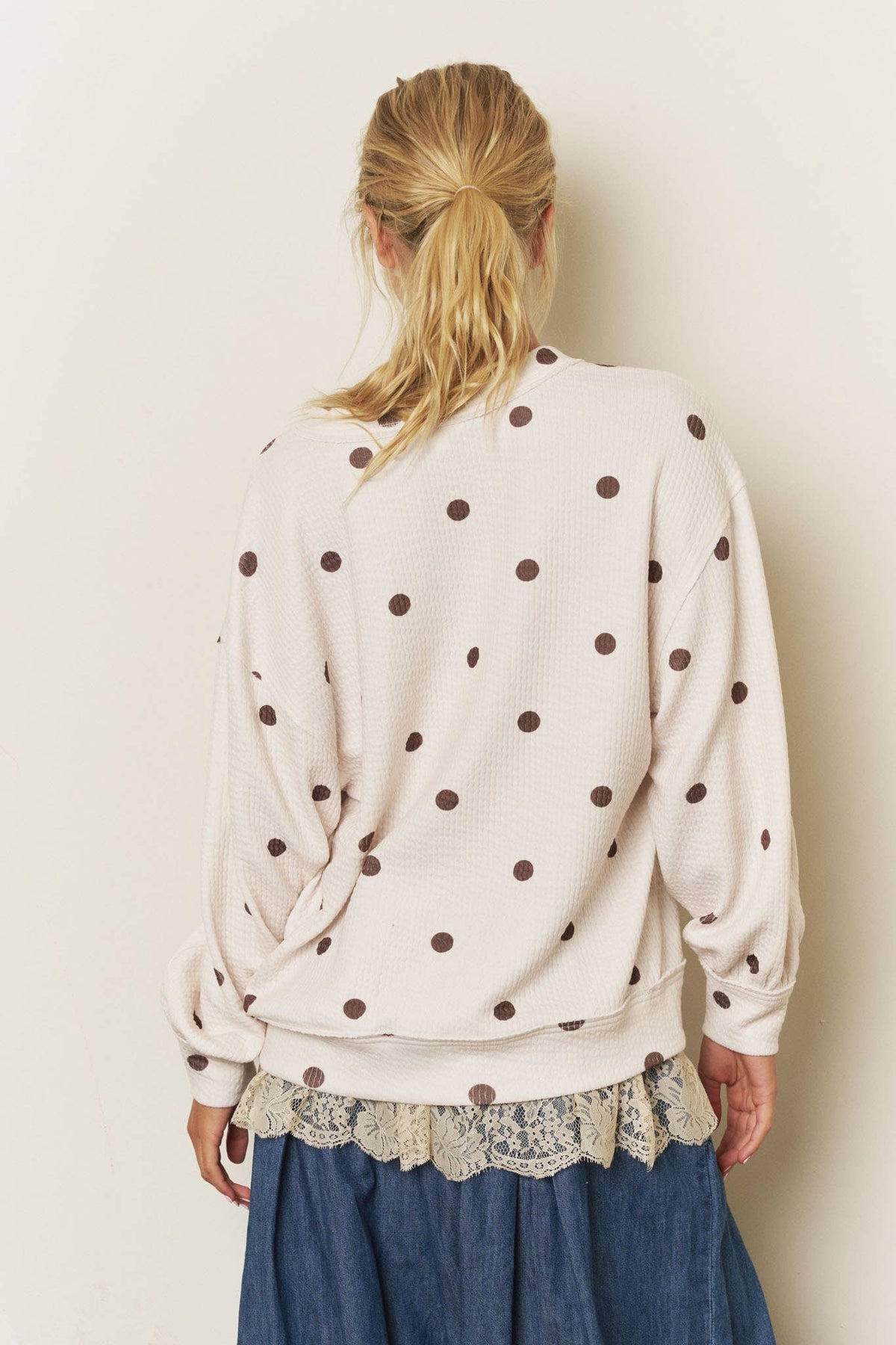 Lizzy Polka Dot Textured Vneck Pullover - Cream