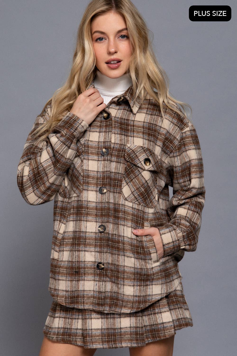 PLUS Wool Blend Plaid Button Down Jacket - Taupe/Chocolate