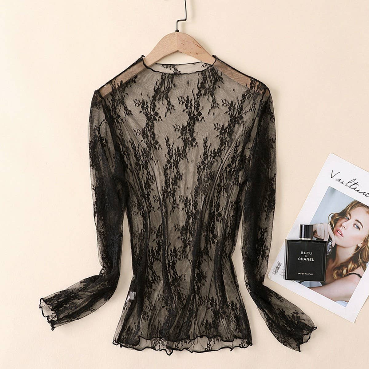 Sexy Mesh Blouse - Long Sleeve Lace Top for Women_CWTBLL3619: APRICOT / (M) 1