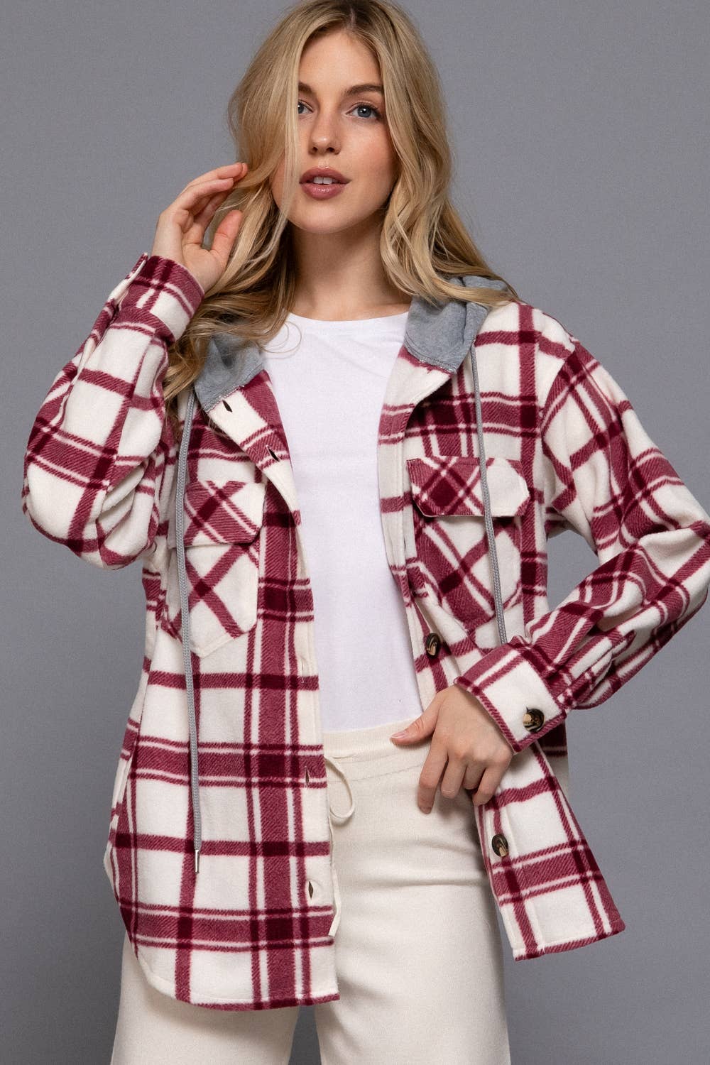 Taren Fleece Plaid Button Down W/Hood