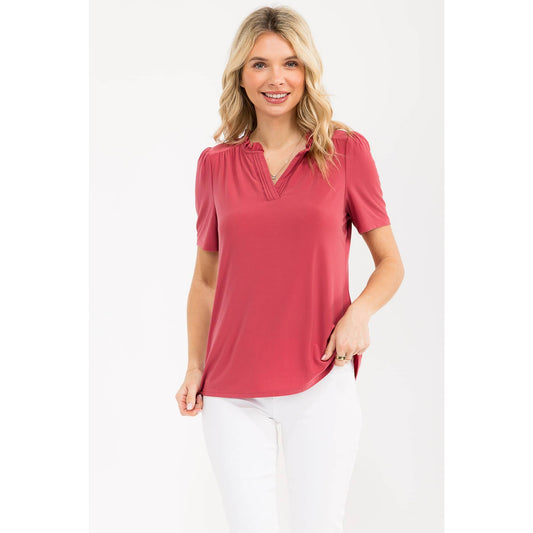 Hannah Pin Tuck Split Neck Top - Holly Berry