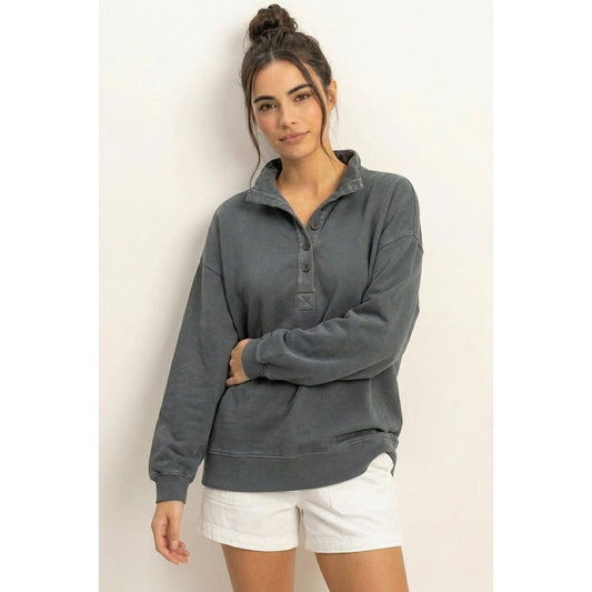 Makenzie Super Soft Mineral Wash Button Front Sweatshirt: Dark Gray