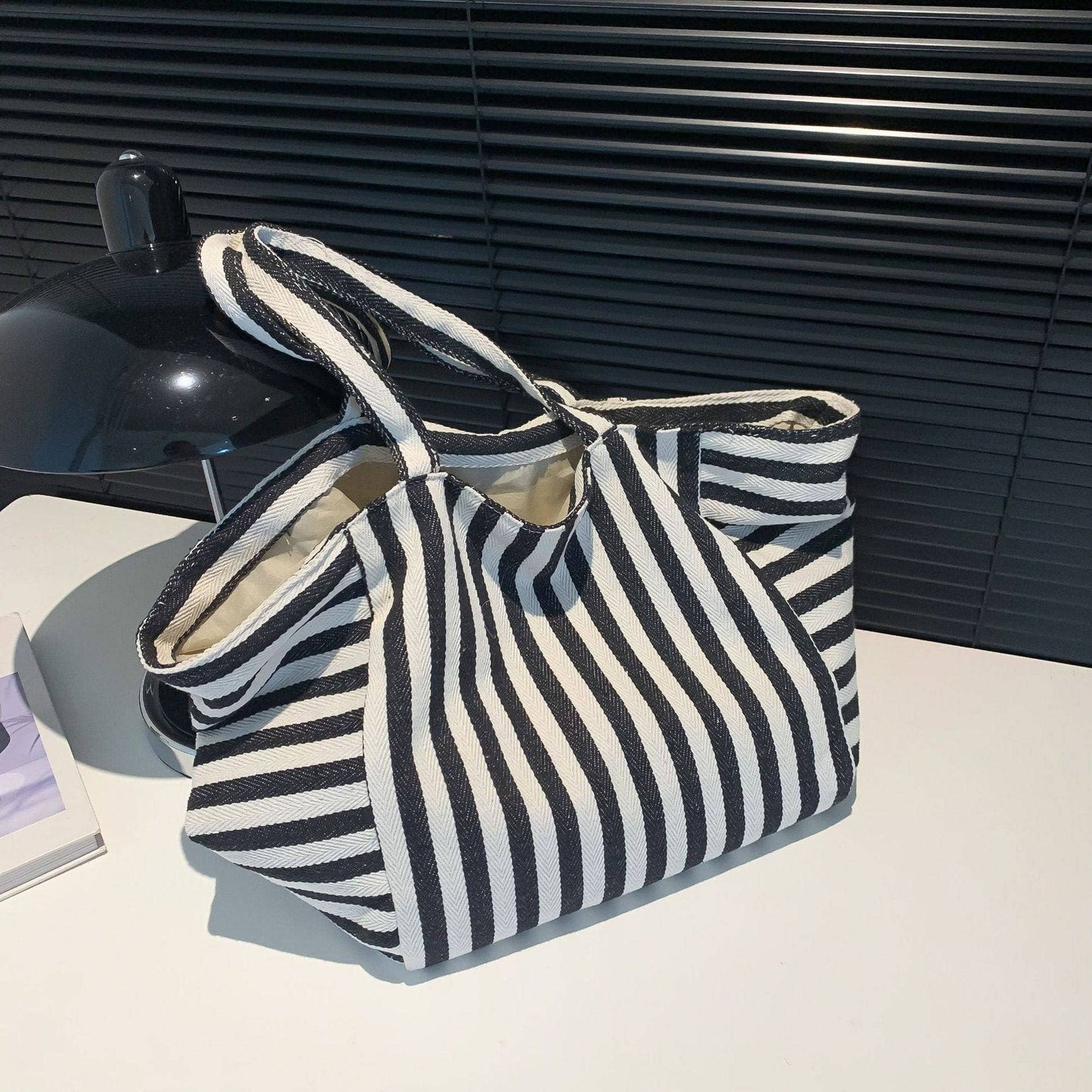 Stripe Medium Capacity Canvas Tote Bag - Black/White
