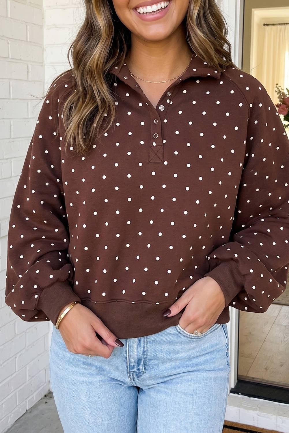 LAS Chocolate Chip Polka Dot Pullover Sweatshirt (S-XL): Brown / L