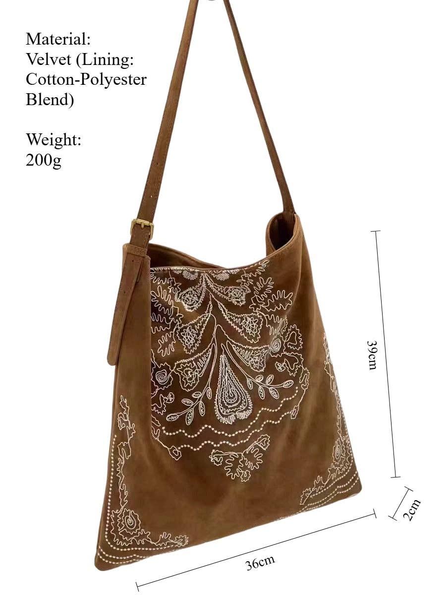 Bohemian Embroidered Velvet Tote: Light Camel Browm