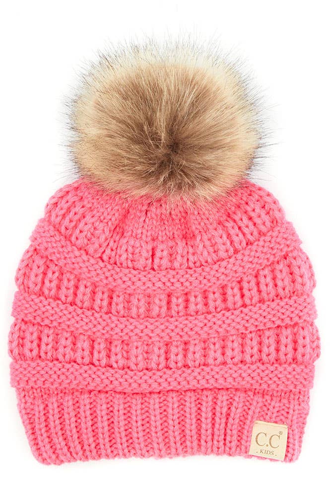 C.C Kids Solid Ribbed Beanie with Pom: Light Melange Gray