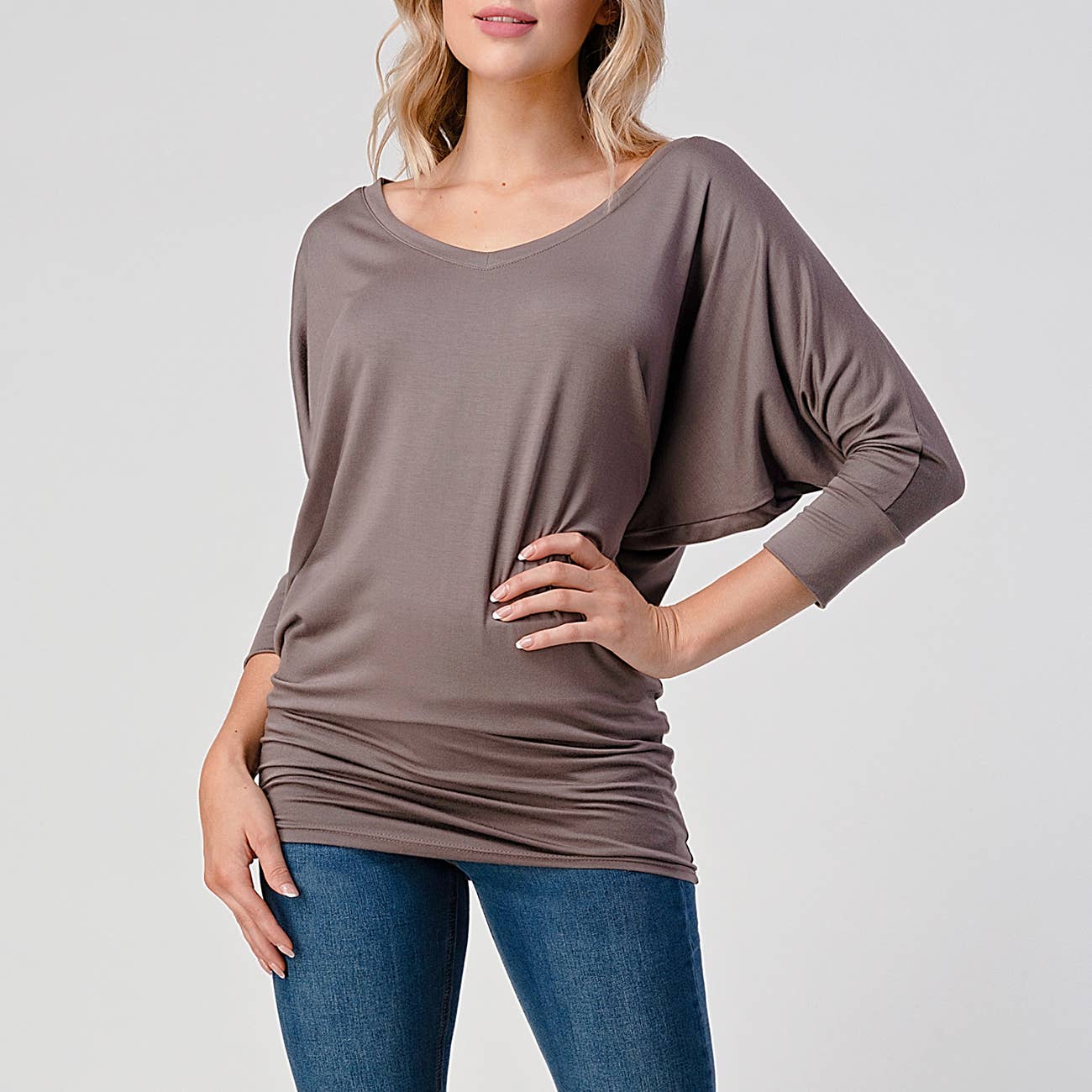 Bethany 3/4 Dolman Sleeve V-neck Modal Jersey Top: Ash Brown