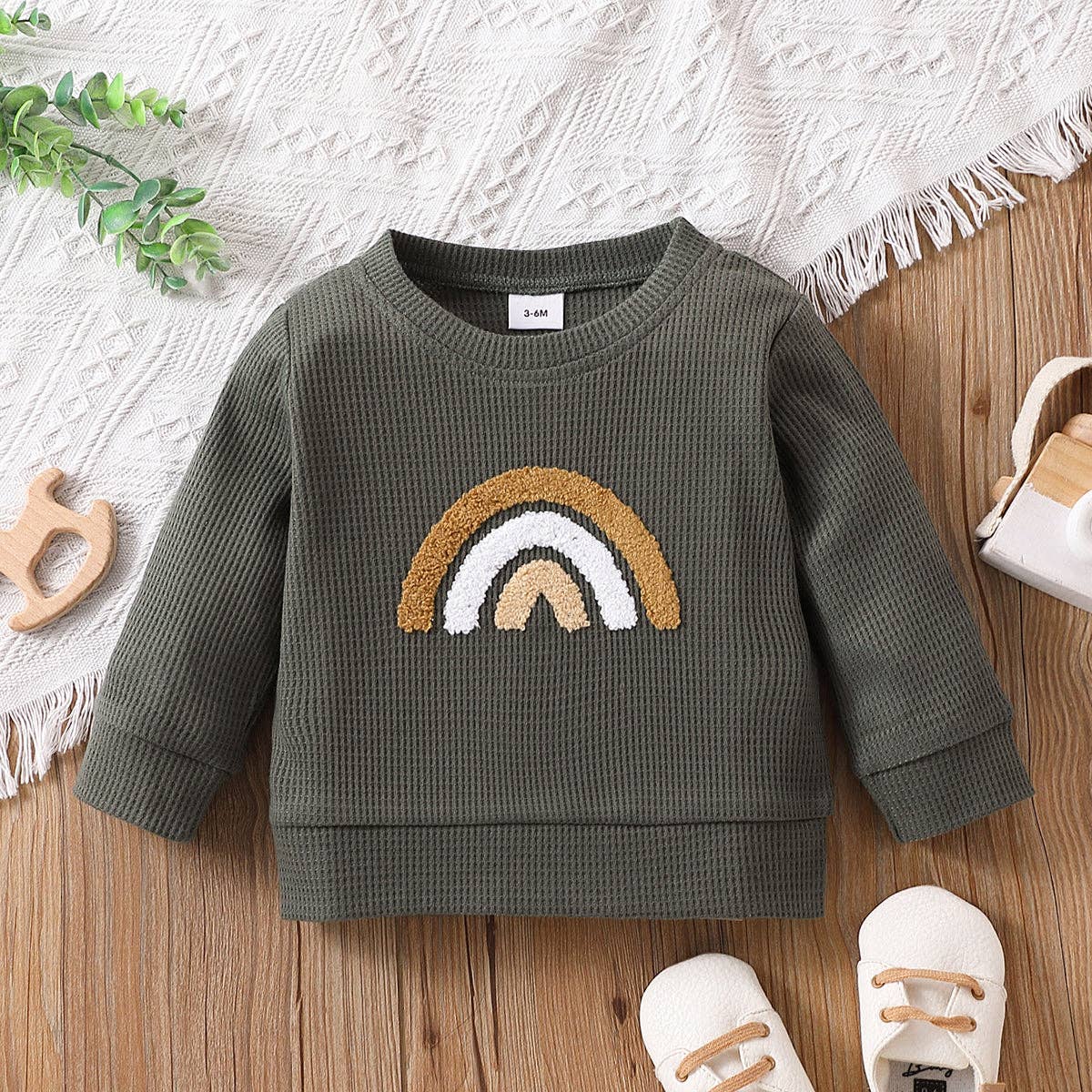 Baby BoyGirl Rainbow Pattern Waffle Long-sleeve Sweatshirt: Beige / 3 Years