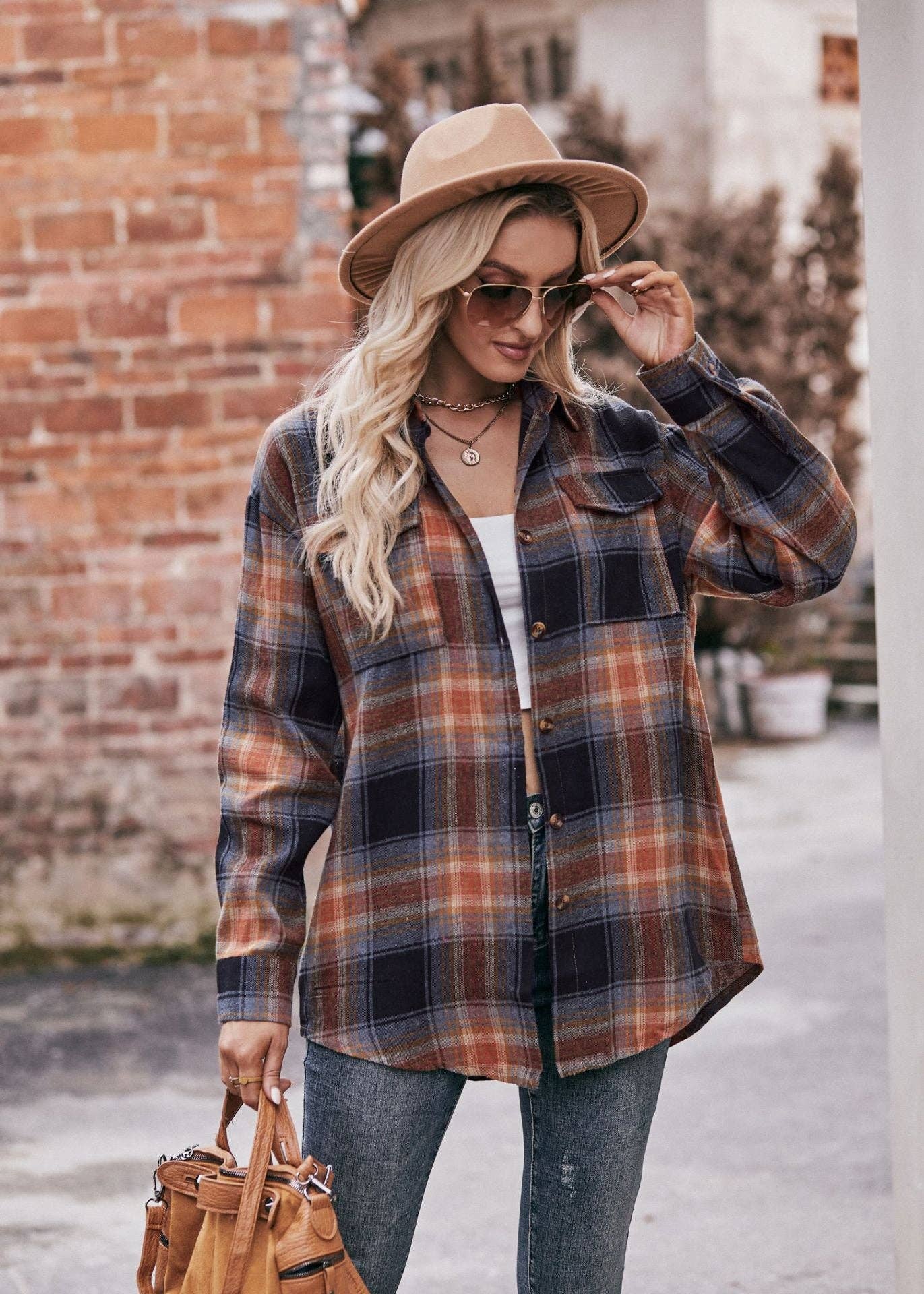 Women's Casual Fashion Oversized Loose Plaid Shirt: Caramel / 100%Polyester / XL