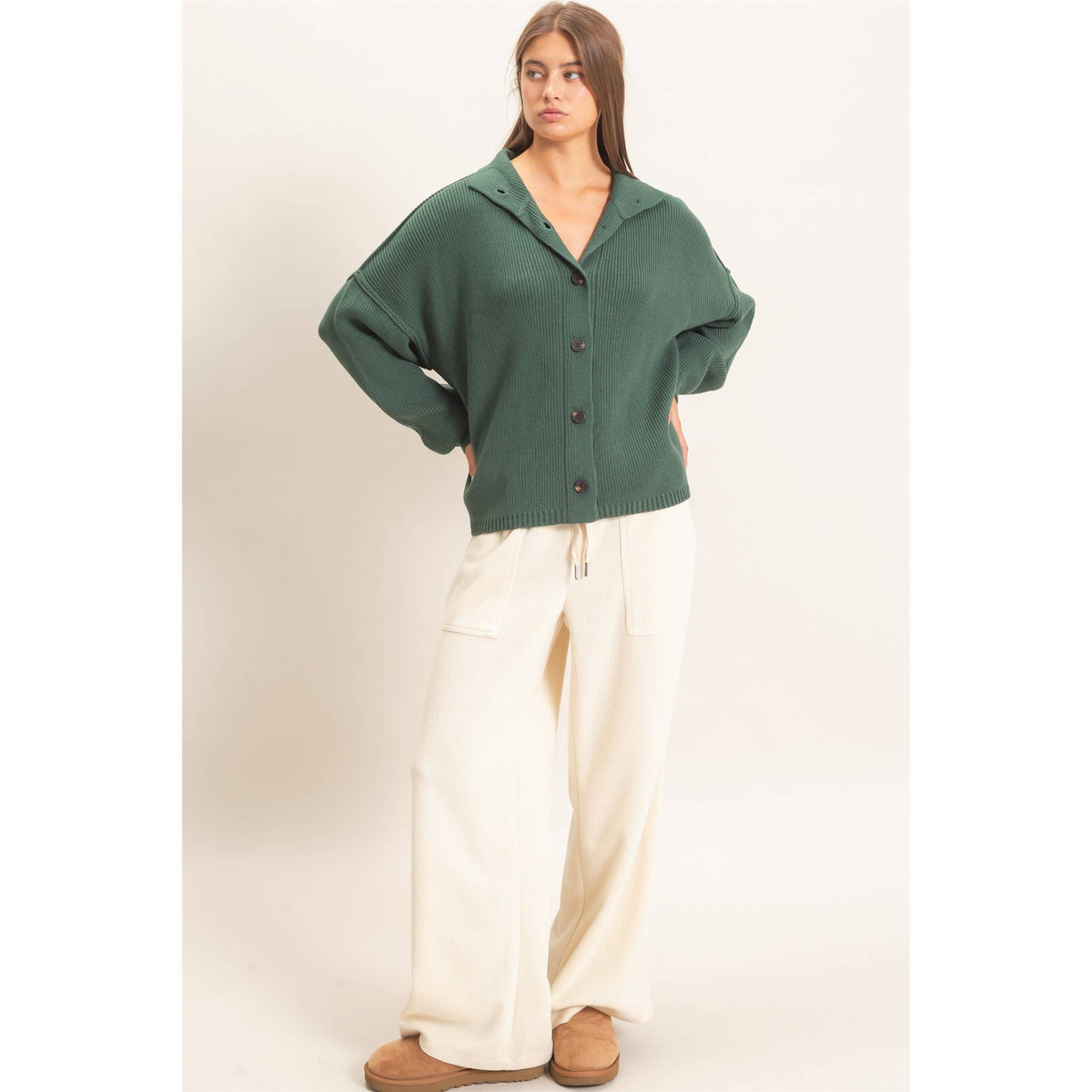 Hallie High Neck Oversized Cardigan - Dark Green