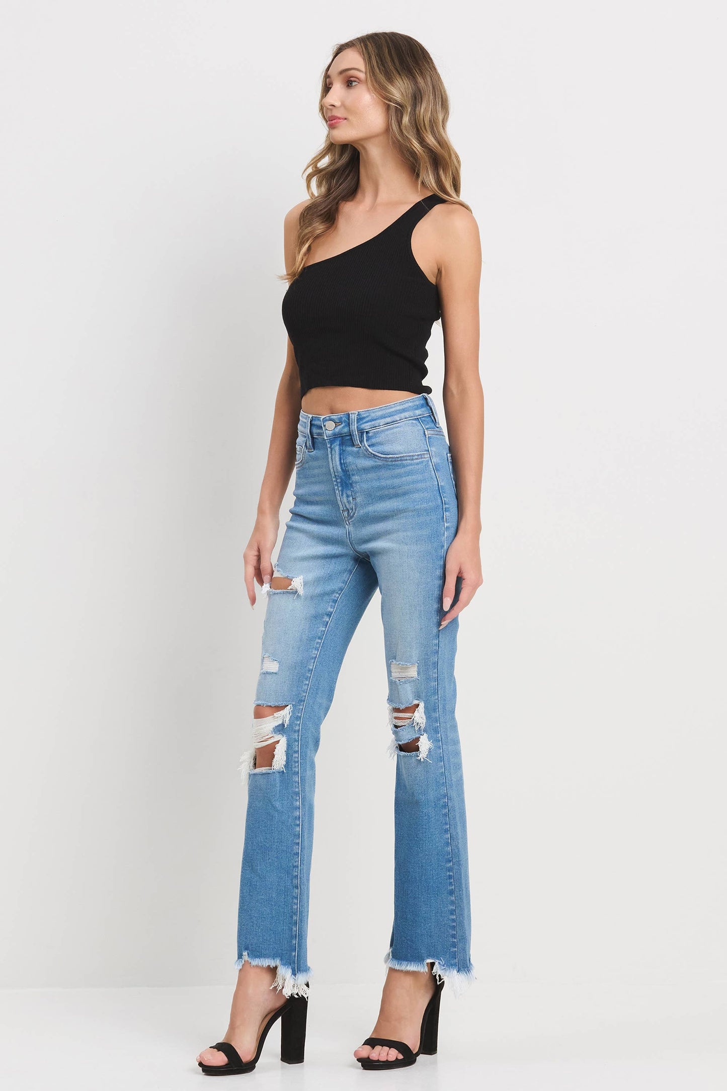 Jelly Brand High Rise Crop Flare with Knee Distress