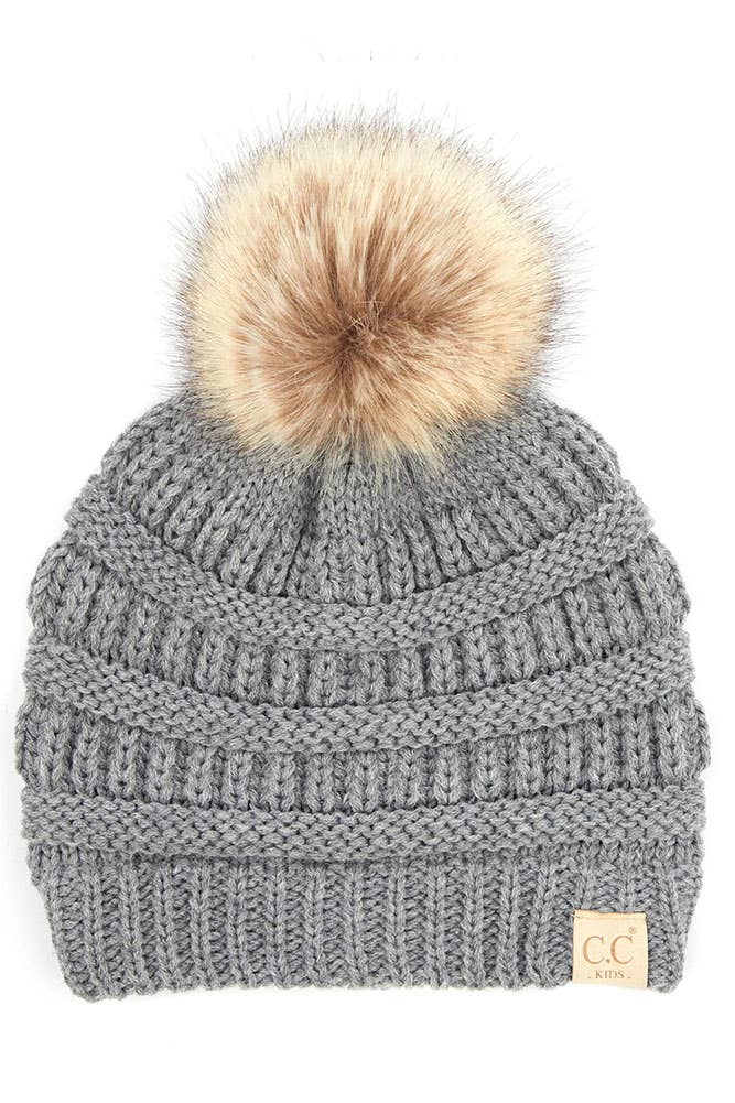 C.C Kids Solid Ribbed Beanie with Pom: Light Melange Gray