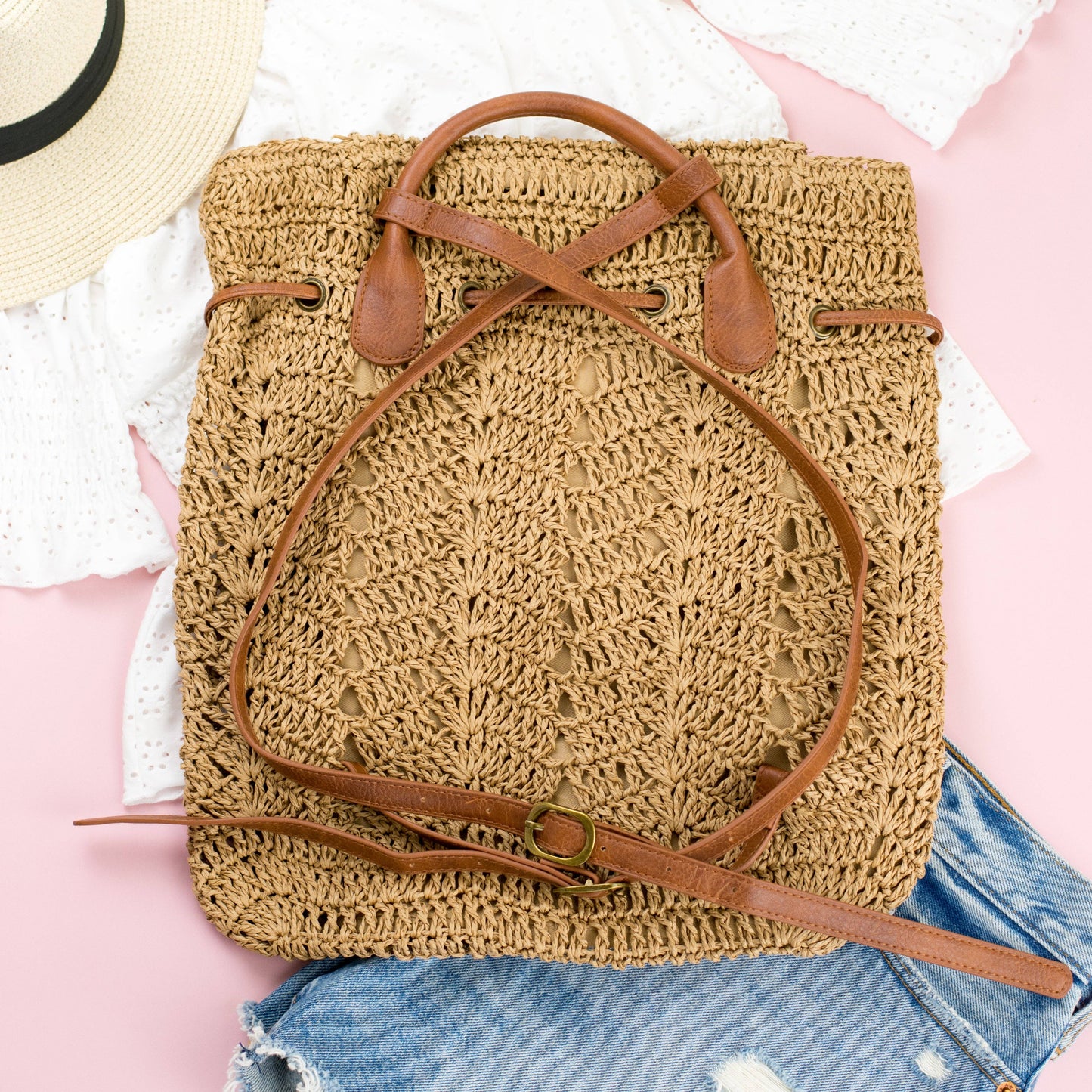 Woven Straw Backpack: Khaki